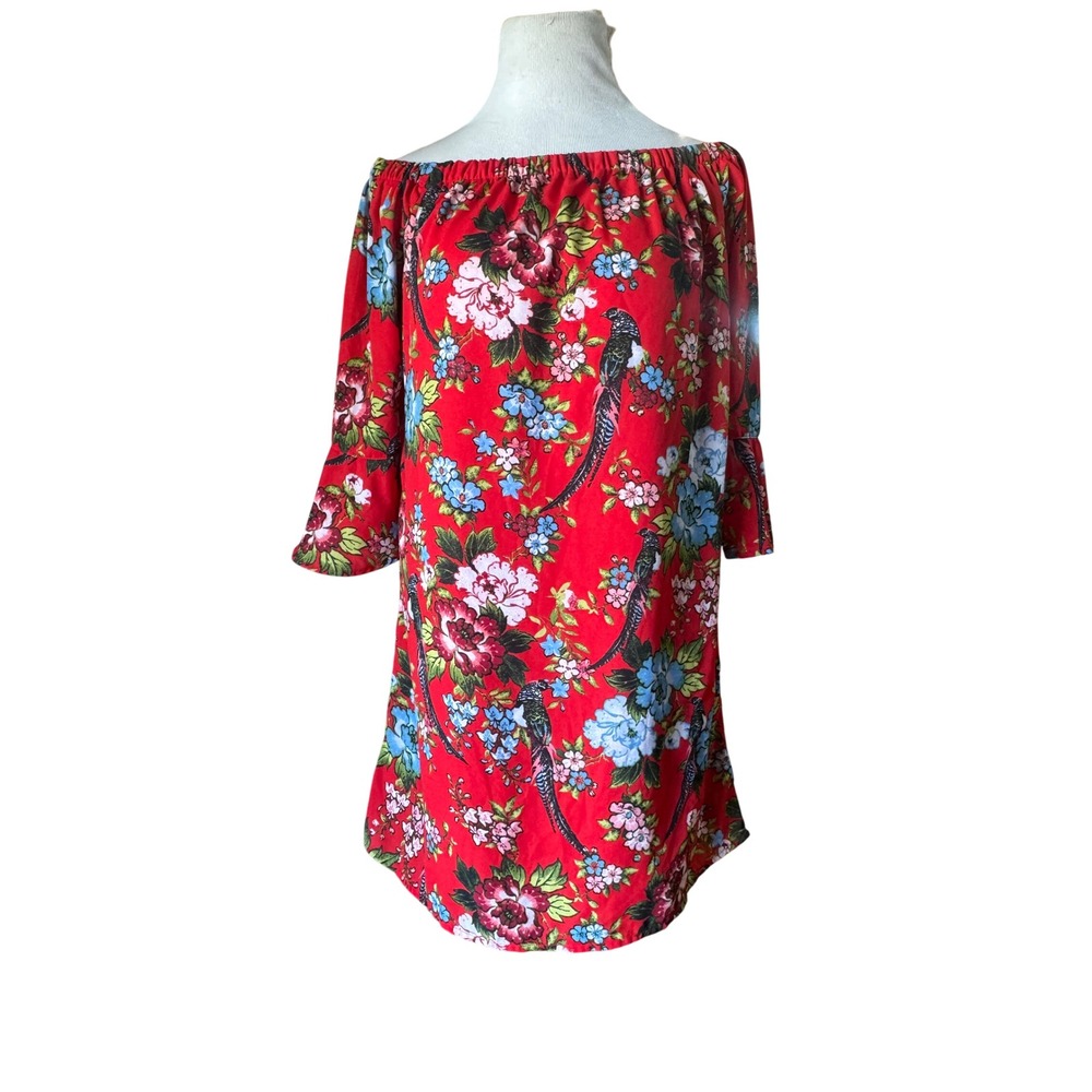 City Streets Dress Womens M Off Shoulder Floral Bird Red Poly Bell Sleeve Mini